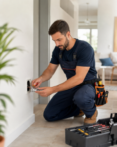 Electrician montând o priză într-o locuință