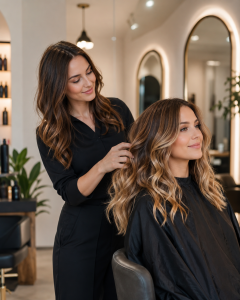 Coafeză aranjând părul unei cliente, în salon