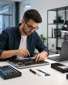 Tehnician reparând un laptop desfăcut pe birou