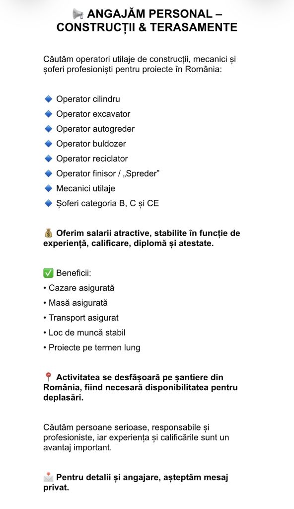 Angajam personal in Constructii si Terasamente